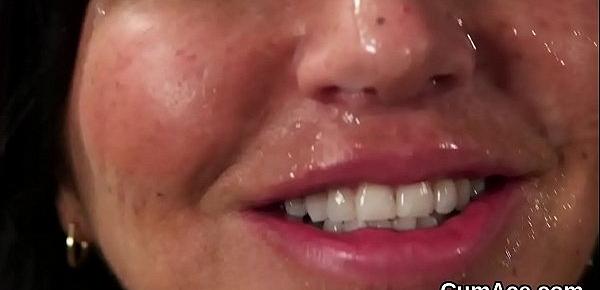  Wicked looker gets cum load on her face gulping all the jism